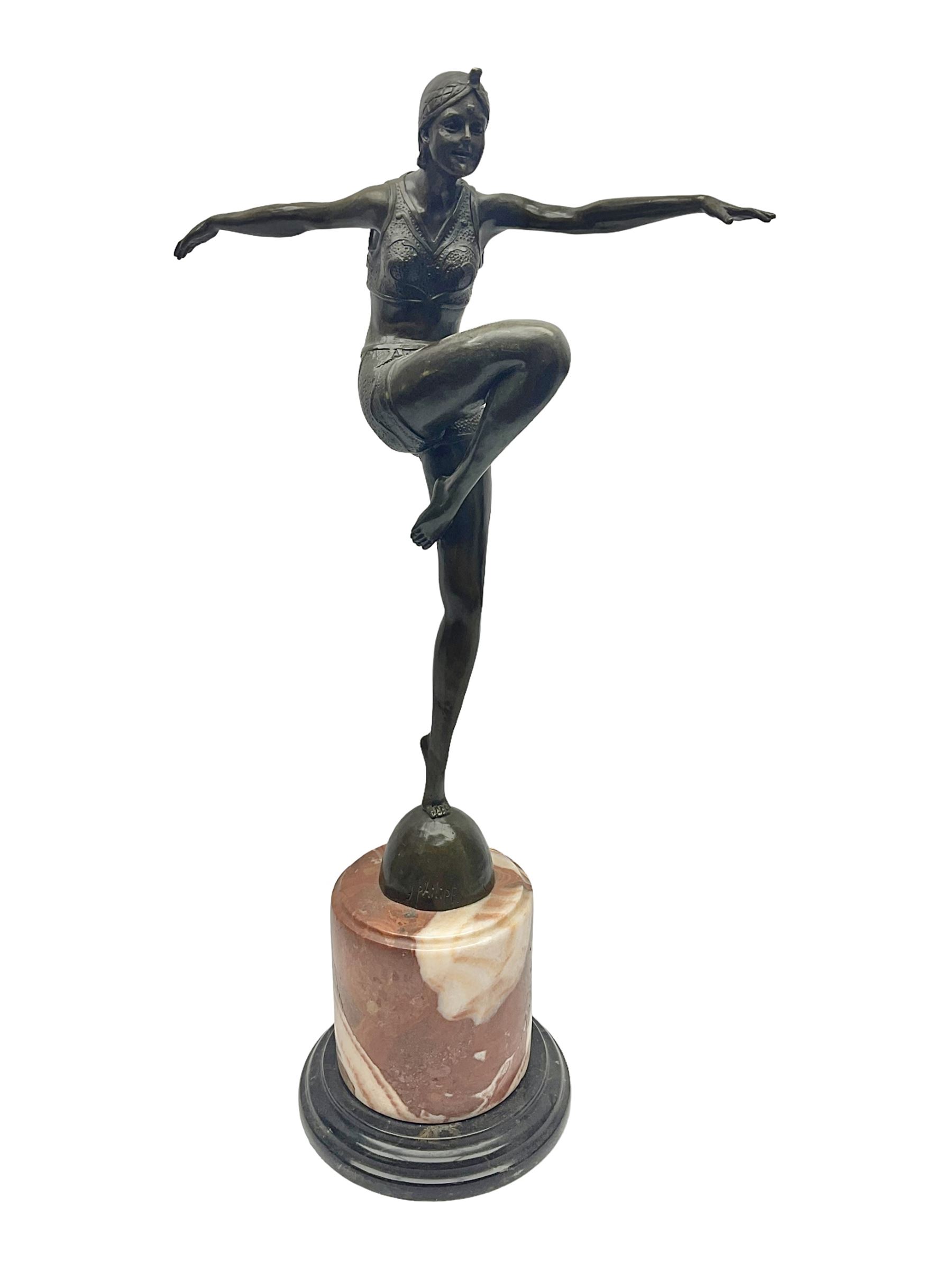 Art Deco style bronze, after Philipp, modelled as a dancer with her arms outstretched and one leg raised, on a veined marble tapering base signed Philipp and with foundry seal, H58cm