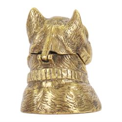 19th century gilt brass novelty inkwell, modelled as a Bulldog, with hinged jaw opening to reveal a ceramic glass liner, and lead weighted base, H9.5cm