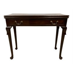 George III mahogany card table, moulded rectangular fold-over top revealing baize lined interior, single cocked-beaded frieze drawer with brass swan neck handles, on lappet carved cabriole supports, double gate-leg action base 