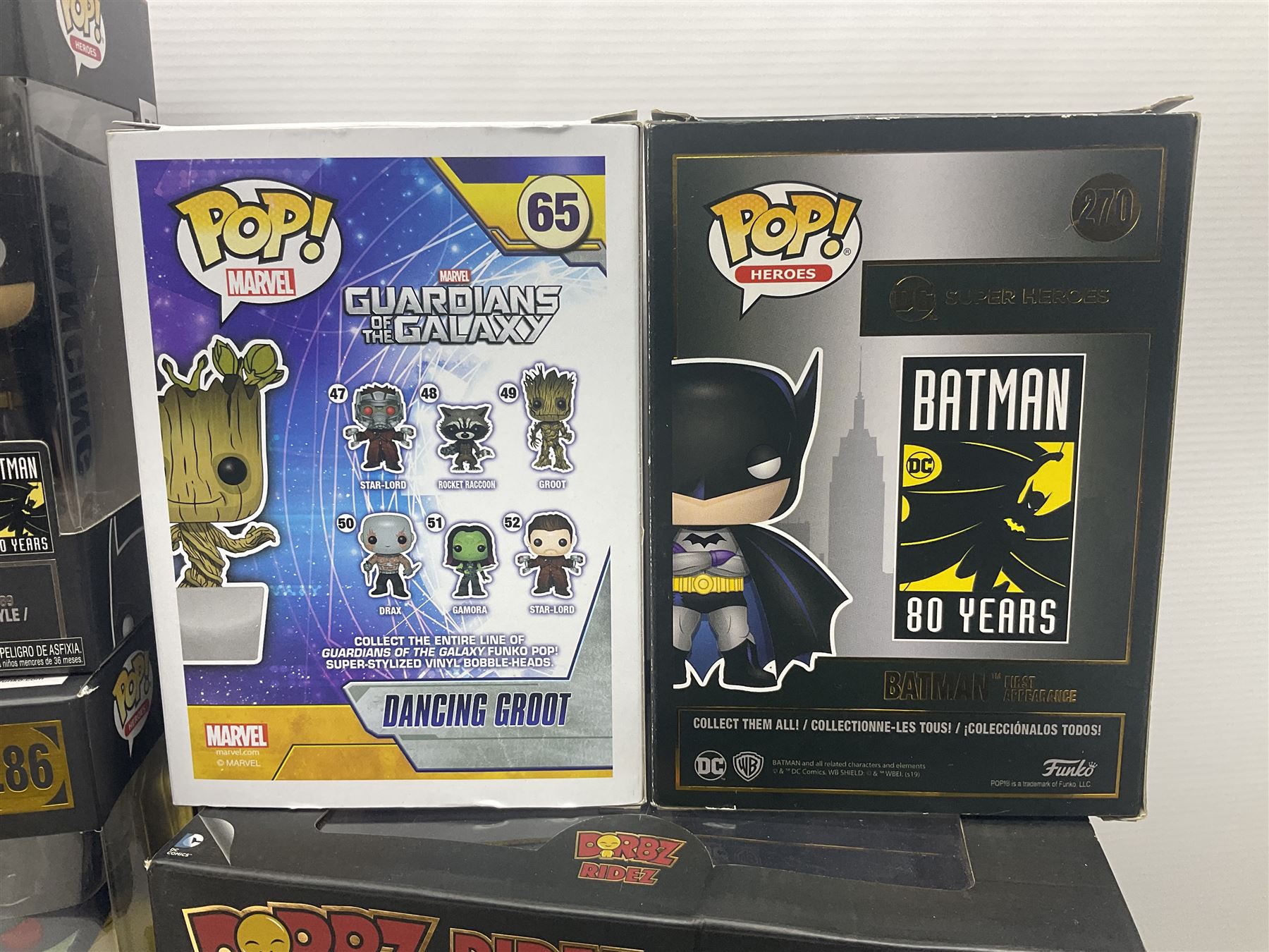 Thirteen Funko! Pop figurines of predominately Batman interest, to include 2016 ‘Batman Classic TV Series Batmobile’ and 2019 teal coloured ‘Batman’ Summer Convention exclusives, most in original boxes, with three similar boxed figures (16)