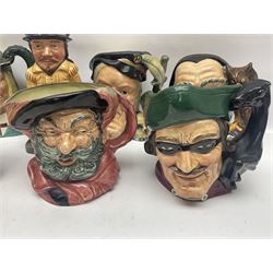 Eight Royal Doulton character jugs, including St George D6618, Guardsman D6568, The Juggler D6835 etc, together with Royal Doulton toby jug Sir Francis Drake D6660