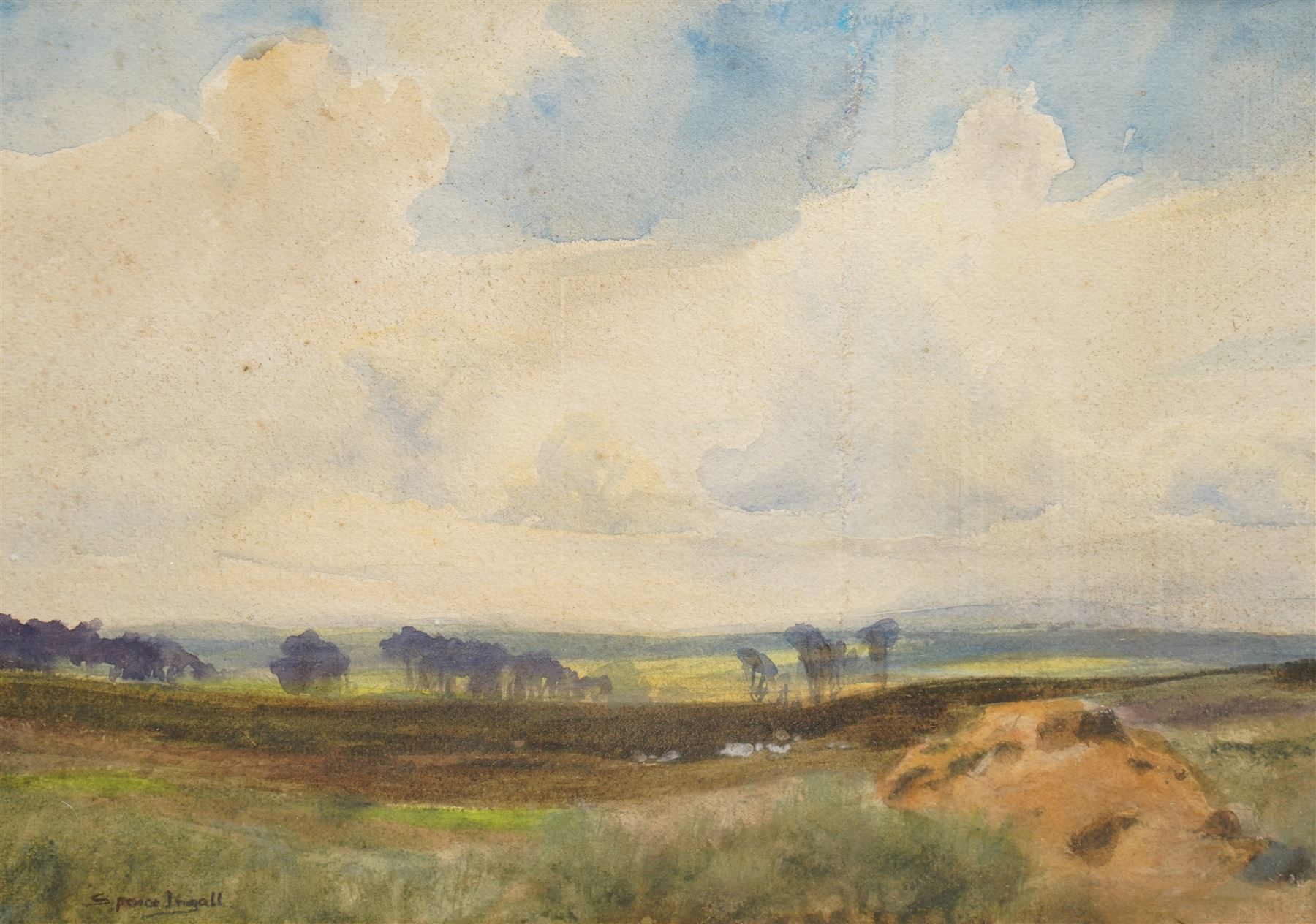 John Spence Ingall (Staithes Group 1850-1936): Flatland Landscape with Trees and Clouds, watercolour signed 25cm x 35cm