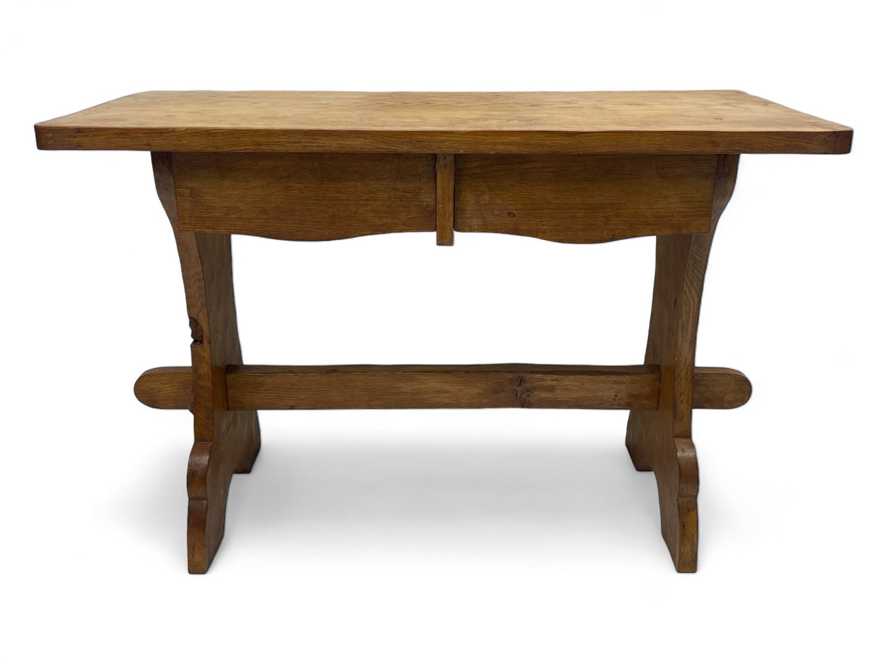 Gnomeman - oak side table, rectangular adzed top over two drawers, on shaped end end supports united by pegged stretcher, carved with gnome signature, by Thomas Whittaker, Littlebeck 