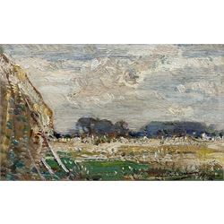 Kershaw Schofield (British 1872-1941): The Hayfield, oil on panel signed 15cm x 24cm