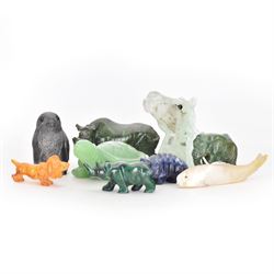 Collection of carved stone animals including  Lapis Lazuli armadillo, Malecite rhino, Amber dog etc  