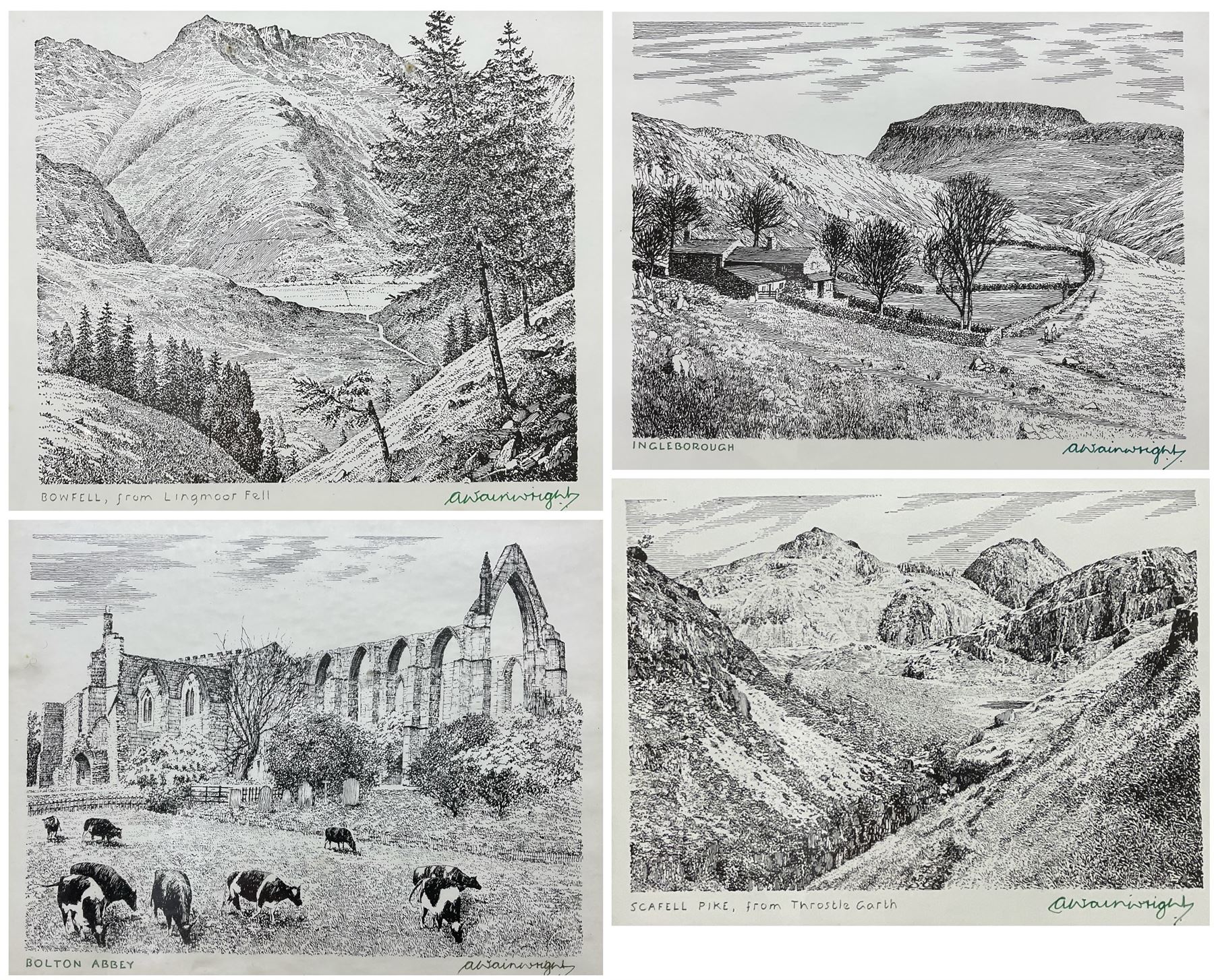 Alfred Wainwright MBE (British 1907-1991): 'Ingleborough' 'Bowfell - from Lingmoor Fell' 'Bolton Abbey' and 'Scafell Pike - from Throsle Garth', four monochrome prints each signed in pen by the artist max 18cm x 23cm (4)