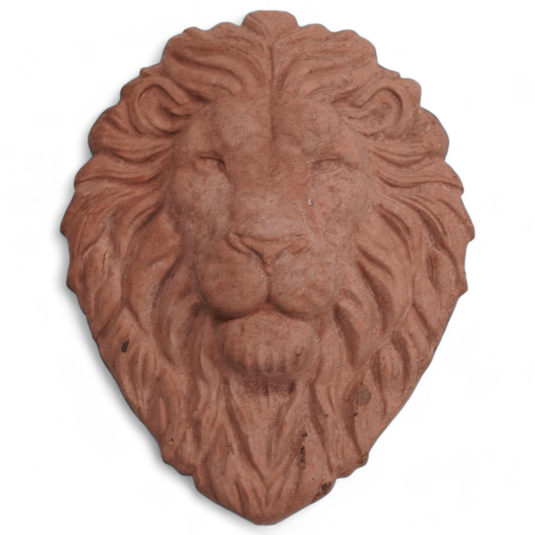 Terracotta red cast stone Greenman wall mask (37cm x 24cm); together with a lion wall mask (35cm x 26cm)