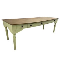 Large 20th century farmhouse style dining table, rectangular oak top on pale green painted base fitted with drawers, on turned supports