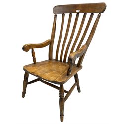 19th century beech Farmhouse armchair, shaped cresting rail over vertical slat back, dished seat on turned supports united by H stretcher 