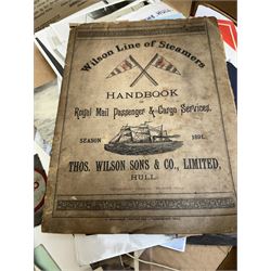 Collection of martime and shipping collectables, including brass cased gimbal compass, marked Castle & Co, Hull, cast iron Britains Pride doorstop, buttons, Lloyds Register, photographs, postcards and other ephemera