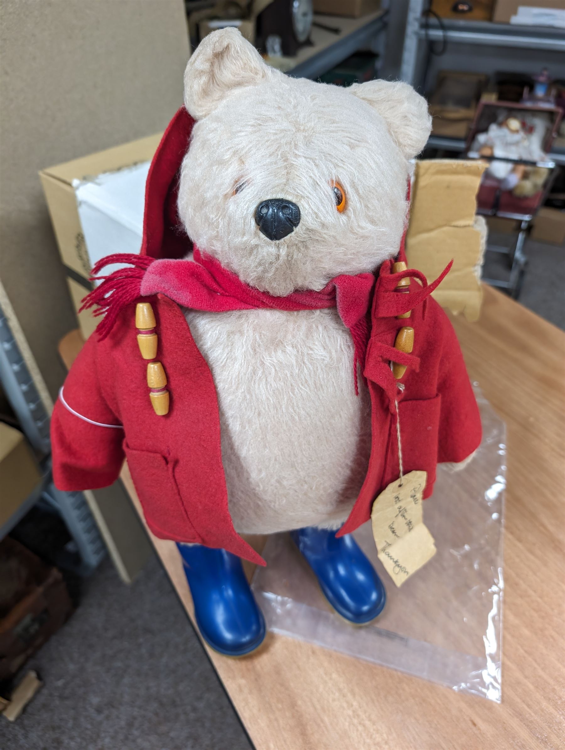 Gabrielle Designs Paddington Bear, with red coat and blue Dunlop wellington boots