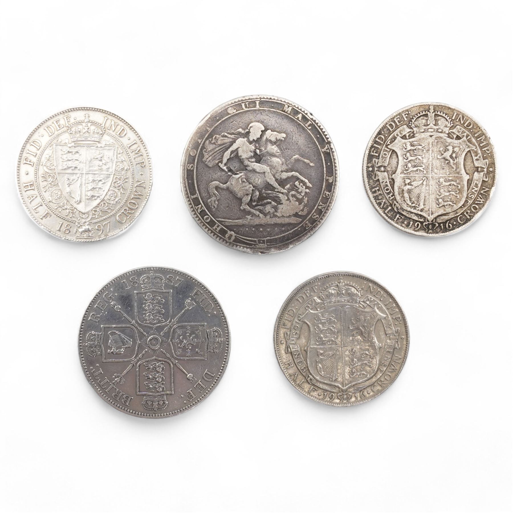 George III 1819 silver crown coin, Queen Victoria 1887 double florin, 1897 halfcrown and two King George V 1916 halfcrowns