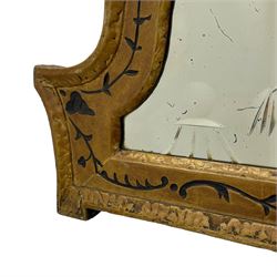 19th century painted pine and gesso wall mirror, stepped arch frame enclosing mirror plate with bevelled stylised leaf decoration and bevelled edge, the frame carved with scrolling leafy branches and painted with black detail, foliate moulded outer edge