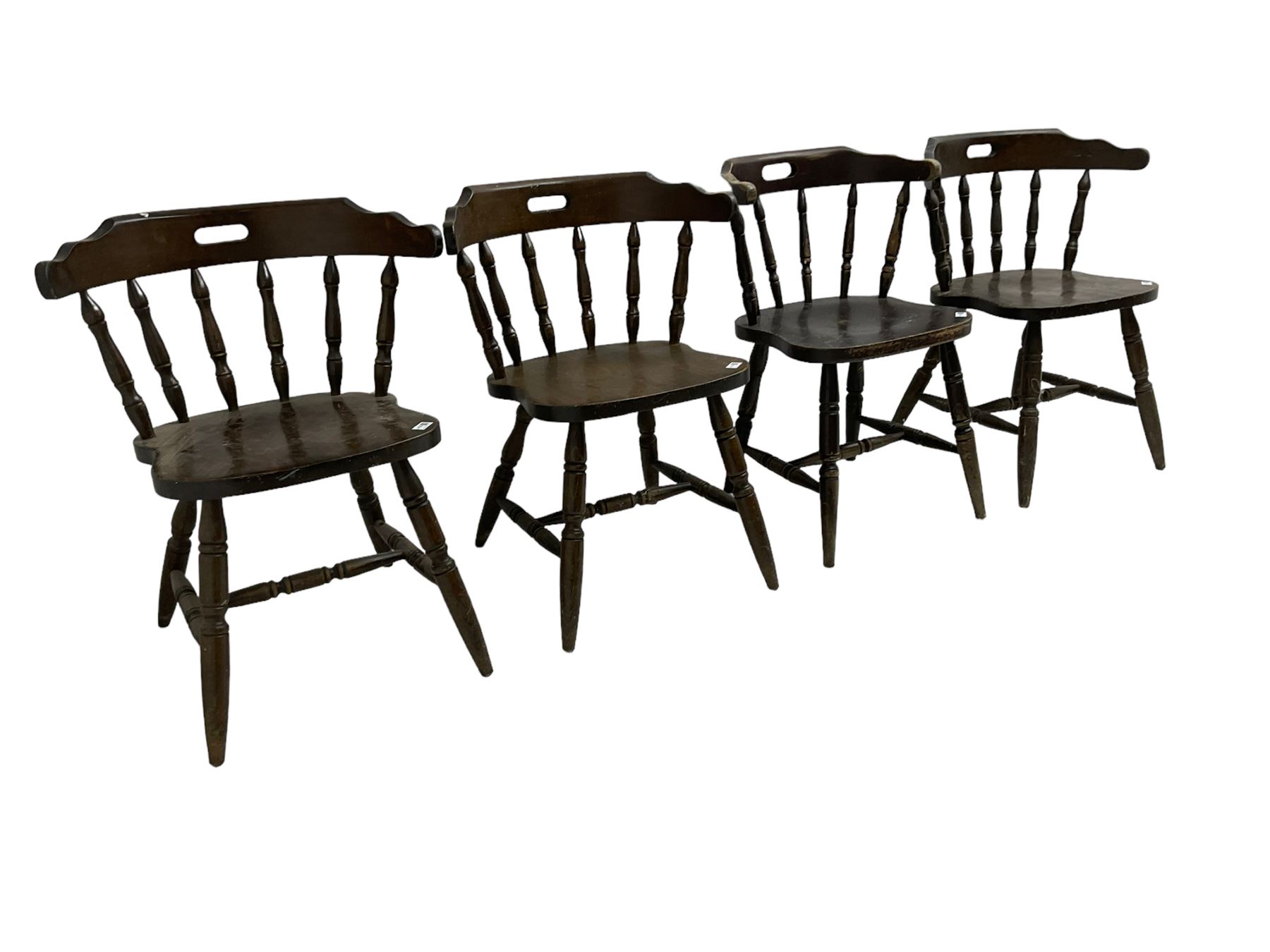 Mixed set of six tub-shaped elbow chairs, curved and shaped cresting rail on turned balustrade, on turned supports joined by turned H stretchers 