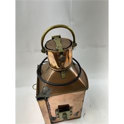 1940s copper and brass ship's corner lamp, converted to electricity, with applied plaque inscribed bow starboard patt.24, dated 1944, including handle H46cm 