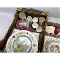 Collection of commemorative ware, including Spode cup to celebrate the wedding of Prince of Wales 1981, Minton limited edition royal wedding plate with certificate and box, Minton limited edition Prince William plate with certificate and box, five glasses with coronation souvenir engraving etc.   