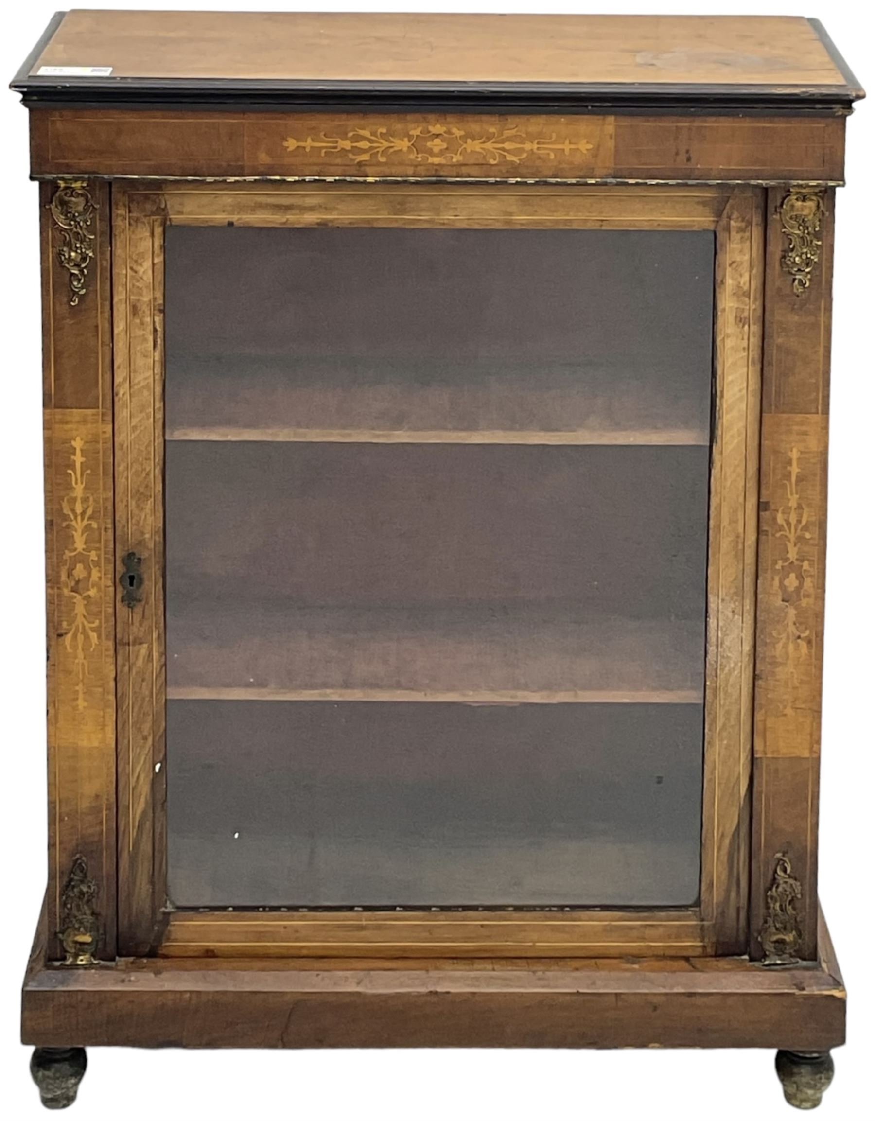 Victorian inlaid walnut pier cabinet, moulded rectangular top over single glazed door, chamfered plinth base, on turned feet 