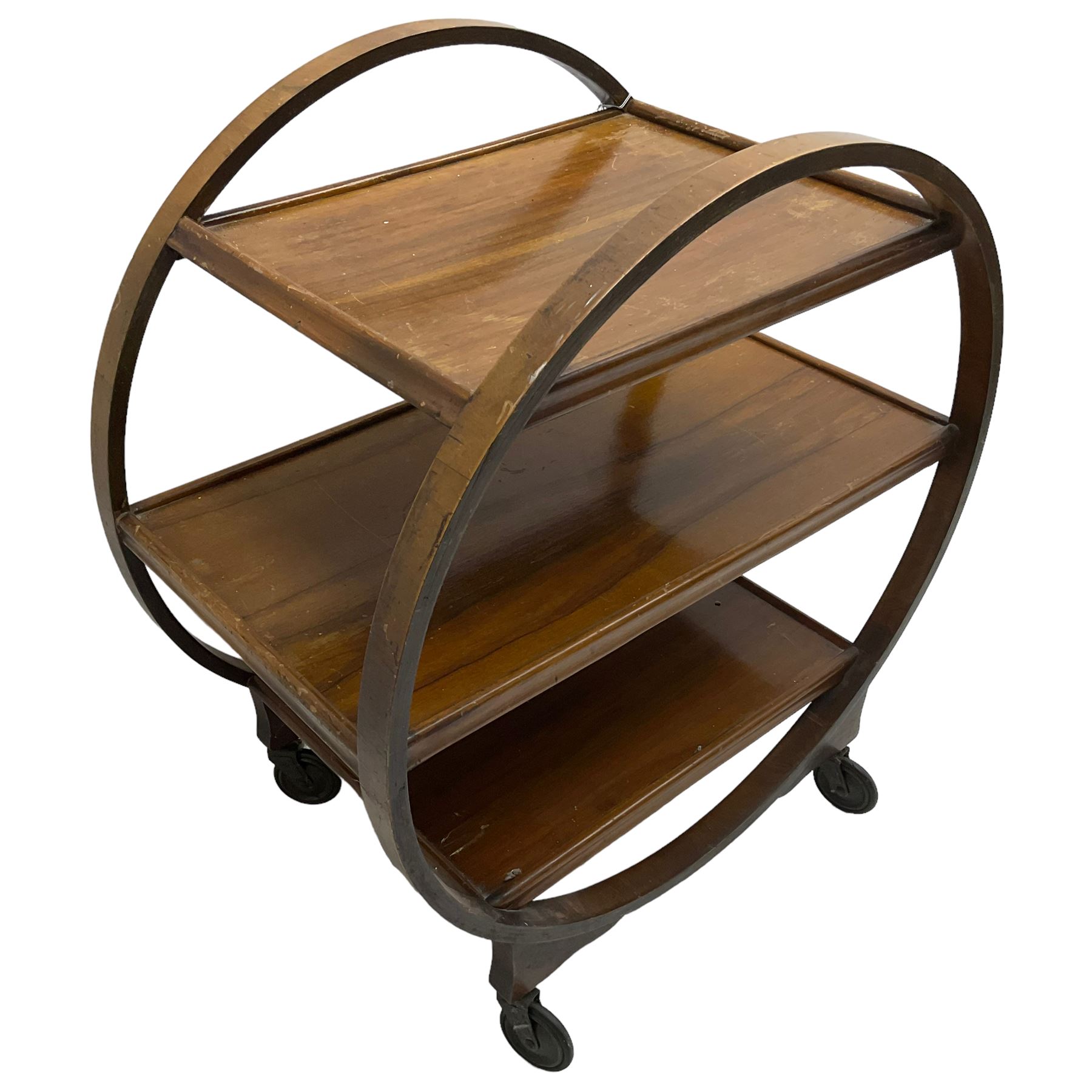 1930s Art Deco period walnut Moon drinks trolley, three tiers encased by two circular supports, raised on castors