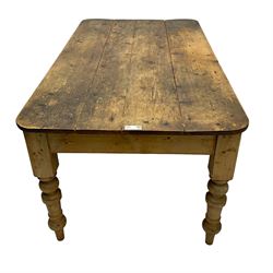 Victorian pine farmhouse dining table, rectangular plank top with rounded corners, on turned supports 