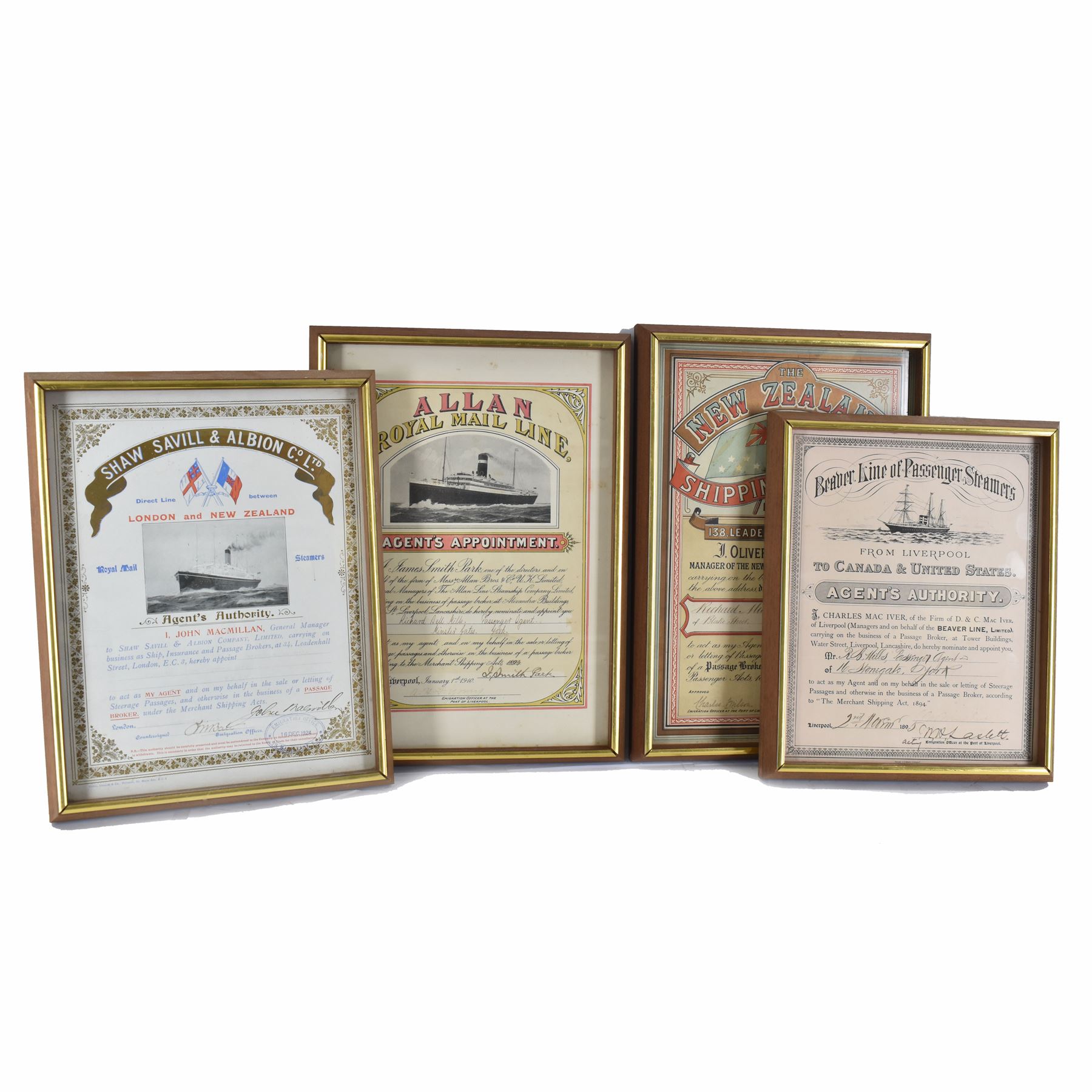 Four late 19th century/early 20th century passage broker certificates, for shipping lines including Allan Royal Mail Line, Beaver Line of Passenger Steamers, Shaw Savill & Albion Co Ltd and The New Zealand Shipping Company Limited, all within glazed wooden frames, largest H38cm