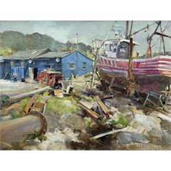 David Jan Curtis (British 1948-): 'Repair Yard in Arisaig', oil on canvas board signed and dated '89, titled verso 34cm x 44cm