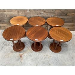 Six walnut circular bar or bedroom occasional tables