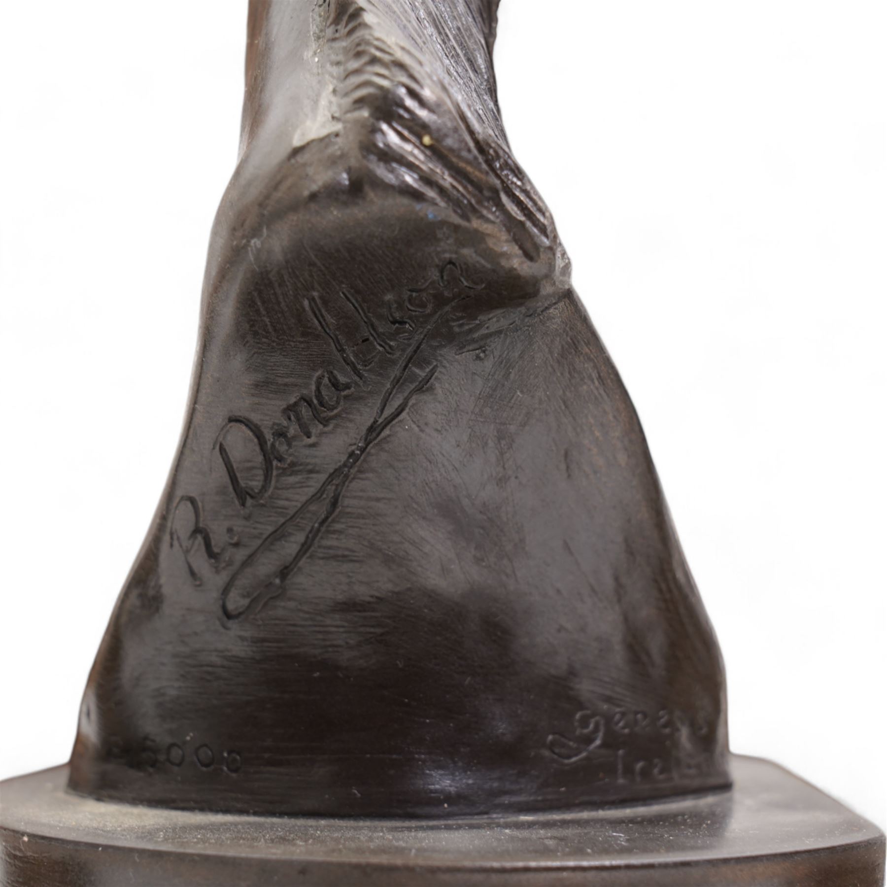 Bronze resin horse racing trophy by Doris Lindsey in the form of horse's head, two others by Robert Donaldson, various others and a number of plated challenge cups, variously engraved 