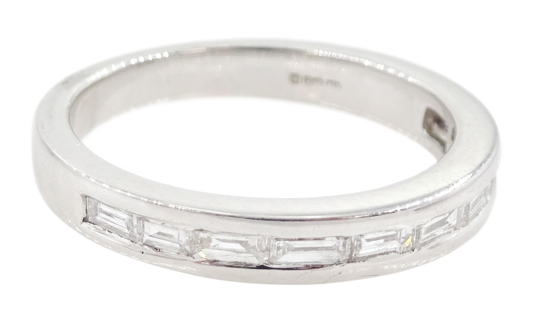 Platinum channel set baguette cut diamond half eternity ring, hallmarked, total diamond weight approx 0.35 carat