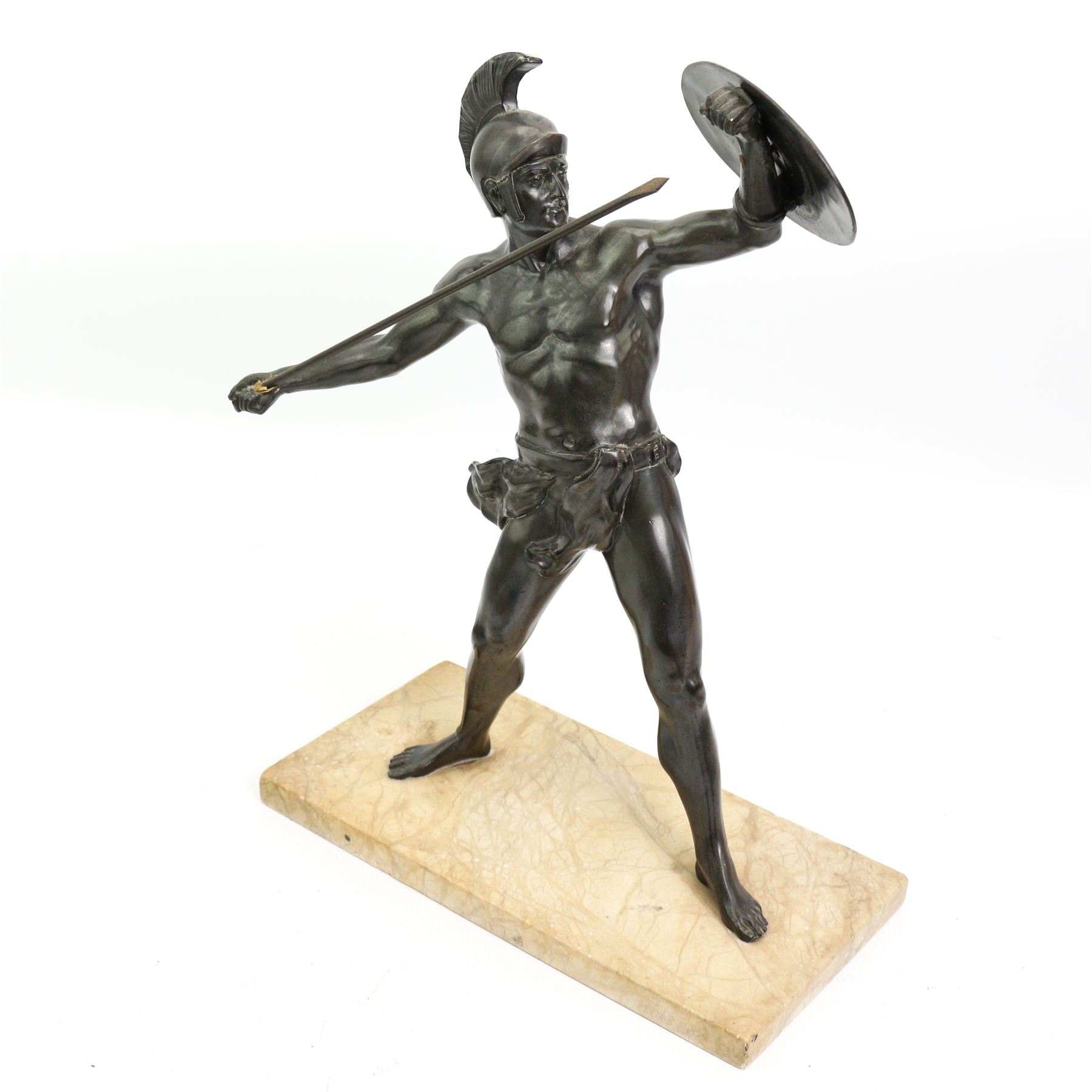 20th century patinated spelter model of a Spartan warrior holding a spear and shield, upon a rectangular marble plinth, H38cm x W28cm 