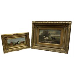 H B Melaille (British 19th Century): Draft Horses. oil on panel signed together with another similar oil of a horse and trap max 19cm x 29cm (2)