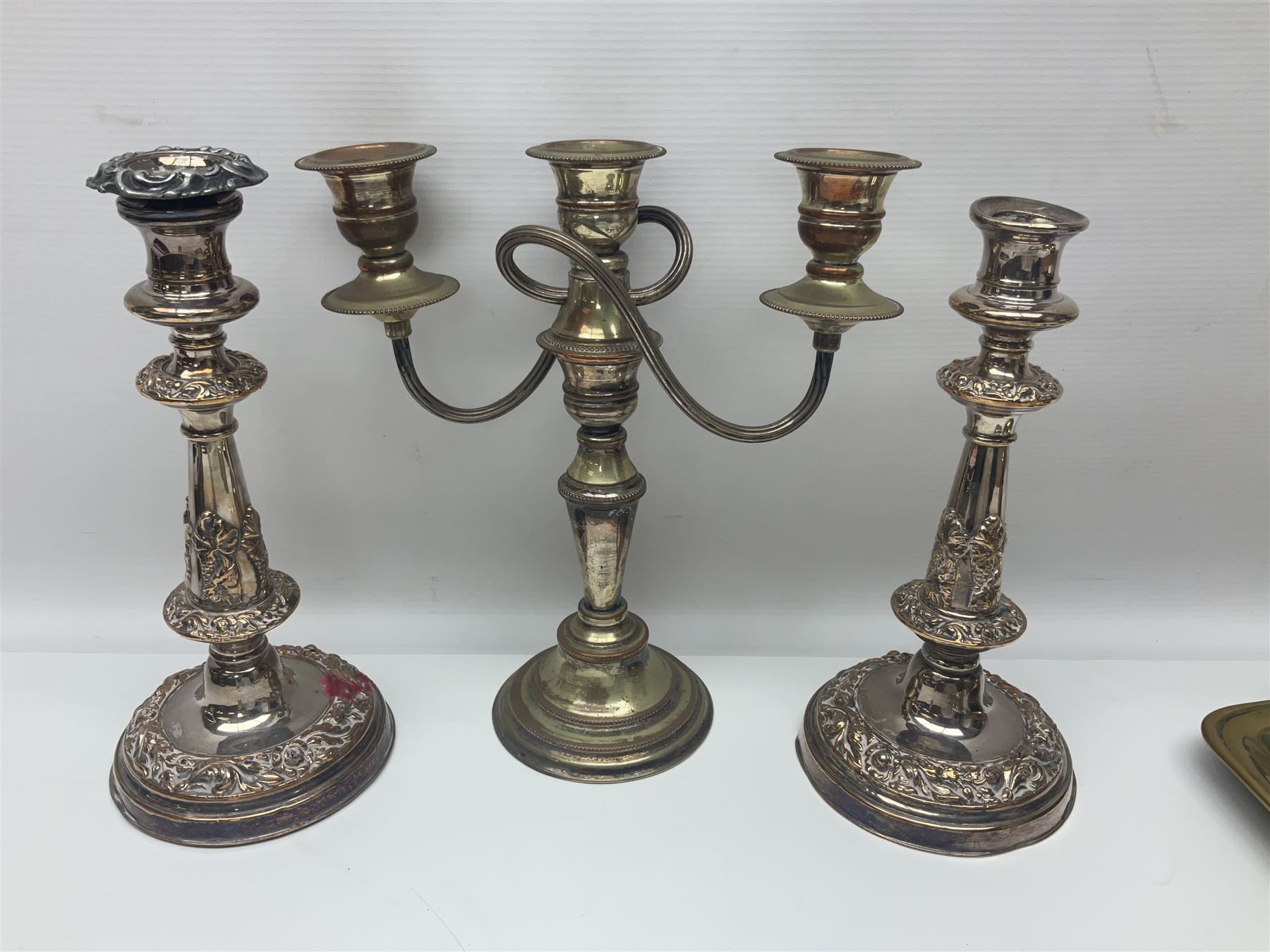 Collection of silver plate, to include pedestal dish, candle sticks, tea service etc  