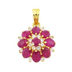 18ct gold oval and round cut ruby and round brilliant cut diamond cluster pendant, stamped 750