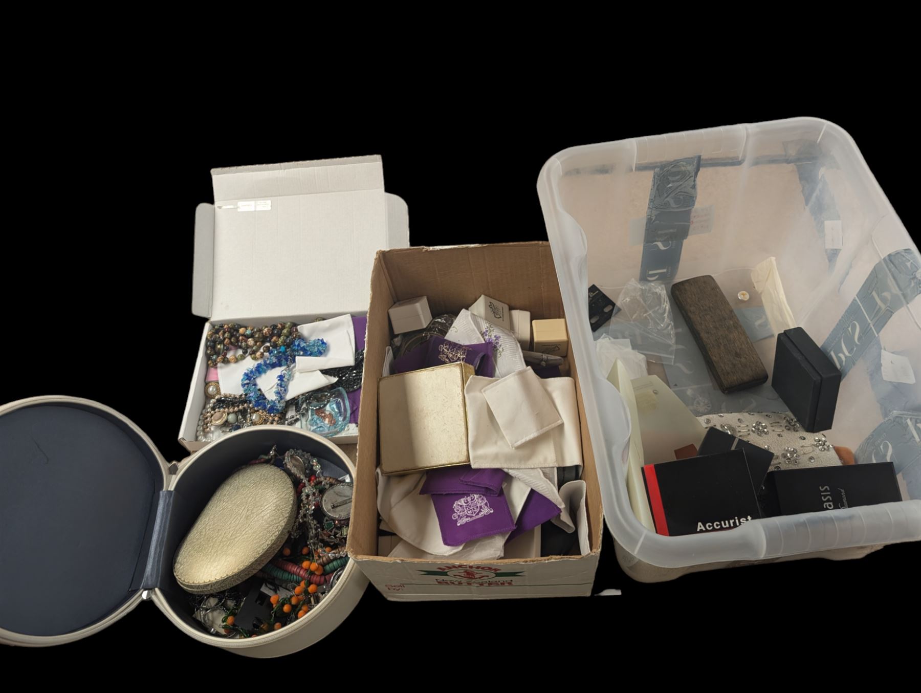 Collection of costume jewellery, including earrings, beaded necklaces and bangles, together with a collection of empty jewellery boxes 