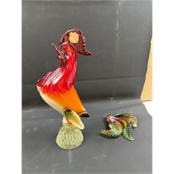 Two Murano glass clowns, together with similar glass figures, including cockerels and fish