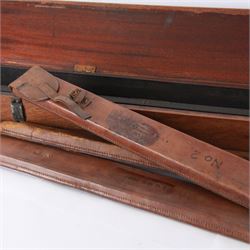 Early 20th century drawing instruments, to include a boxed set of large compasses, possibly for map drawing, marked 5, 6 and 7 miles, in fitted wooden case, together with two rules marked W. Harling and a parallel rule stamped R. E & Co MK II, all with broad arrow mark, contained within leather cases