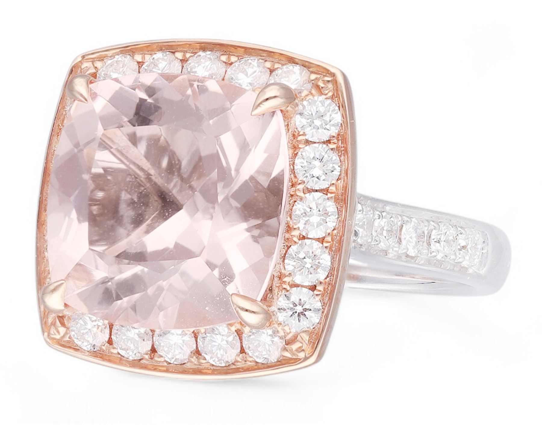 18ct white and rose gold cushion cut morganite and round brilliant cut diamond cluster ring, with diamond set shoulders, hallmarked, morganite 6.10 carat, total diamond weight 0.99 carat