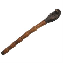 Chinese carved bamboo opium pipe with brass mounts, L44cm 