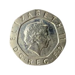 Queen Elizabeth II undated error twenty pence coin, from 2008