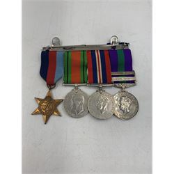 1939-1945 Star, 1939-1945 Defence Medal, 1939-1945 War Medal, Copy General Service Medal with Palestine 1945-48 and S.E Asia 1945-46 bars and a Copy South Atlantic Medal, with ribbons