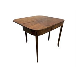 George III mahogany D-end tea table, fold-over top over figured frieze with geometric stringing, on square tapering supports with splayed terminals 