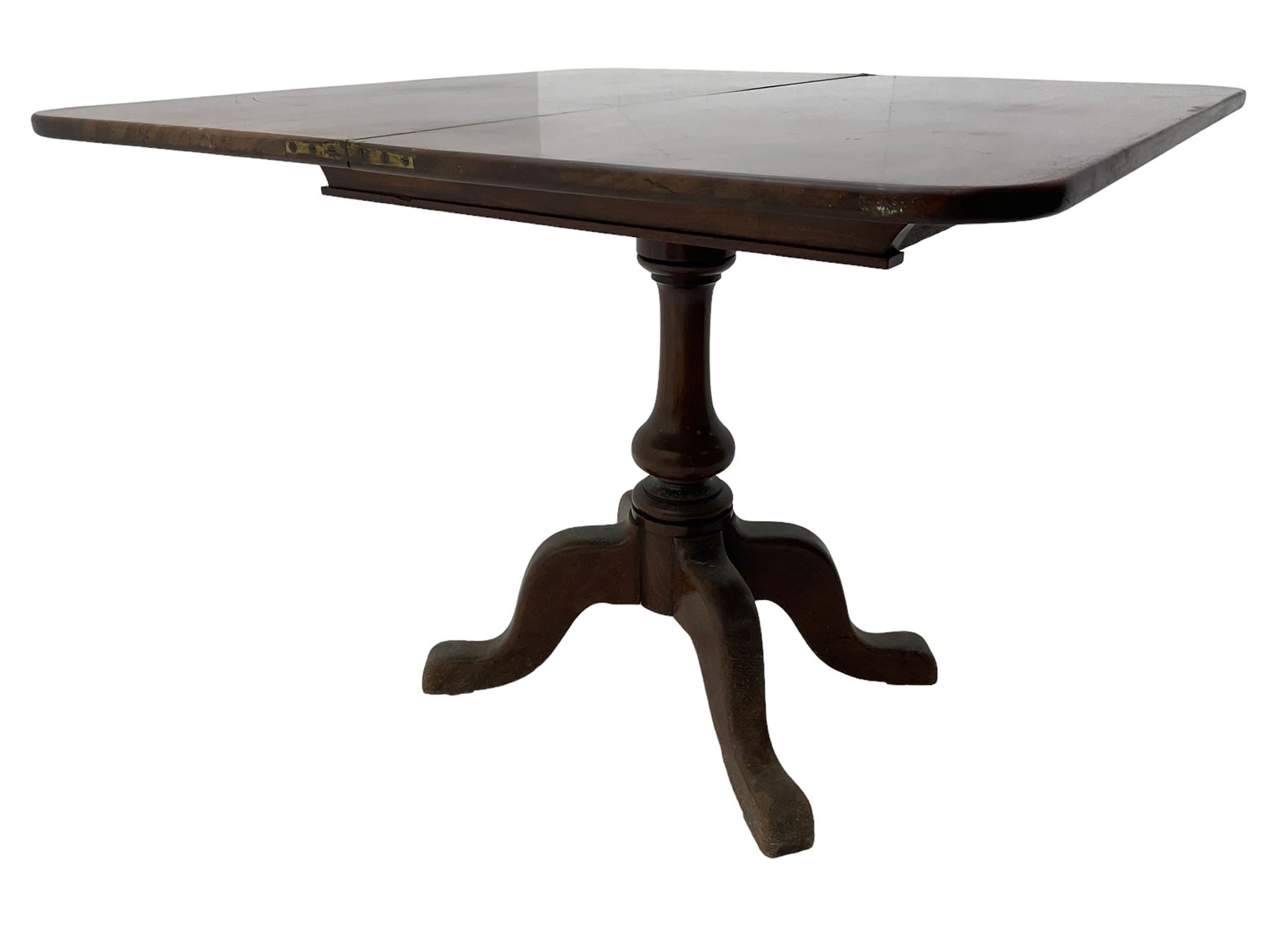 19th century mahogany table, fold-over rectangular with rounded corners, on turned vasiform column, on quadruple out splayed supports