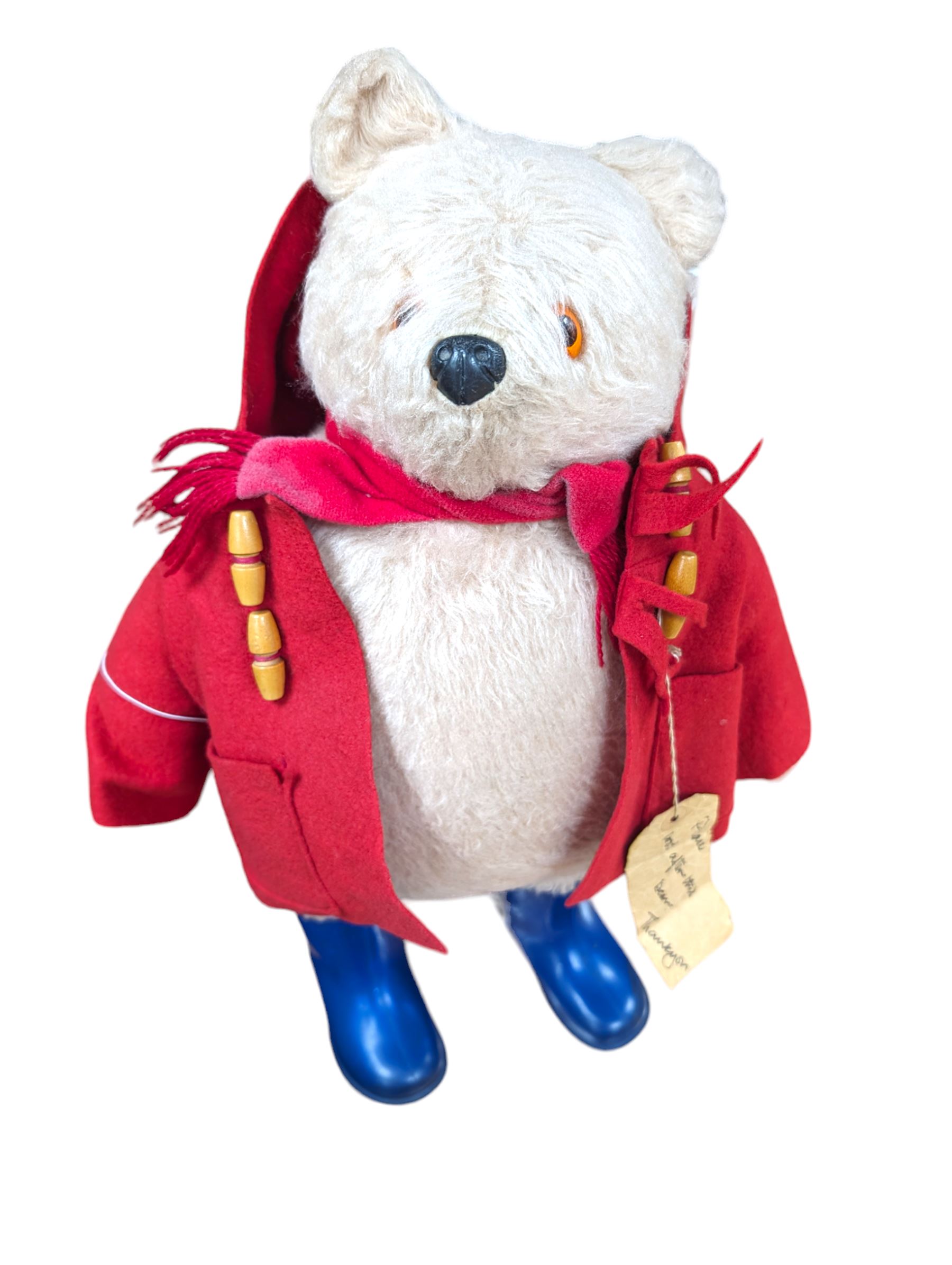 Gabrielle Designs Paddington Bear, with red coat and blue Dunlop wellington boots