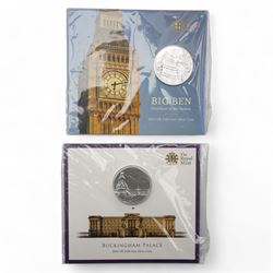 Two The Royal Mint United Kingdom fine silver one-hundred pound coins, dated 2015 'Big Ben' and 2015 'Buckingham Palace', both on cards