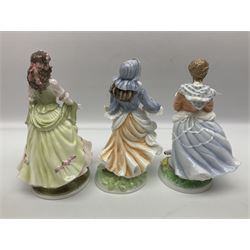 Five Royal Worcester figures, comprising The Queen of May, Rosie Picking Apples, A Farmers Wife, The Milkmaid and The Shepherdess, all with printed marks beneath and some with certificates of authentication   