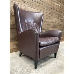 Wing back armchair upholstered in cocoa brown leather