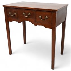 George III inlaid mahogany low-boy, shaped rectangular top with banded edge, fitted with three drawers inlaid with boxwood stringing over a shaped apron, raised on square supports with inner chamfer