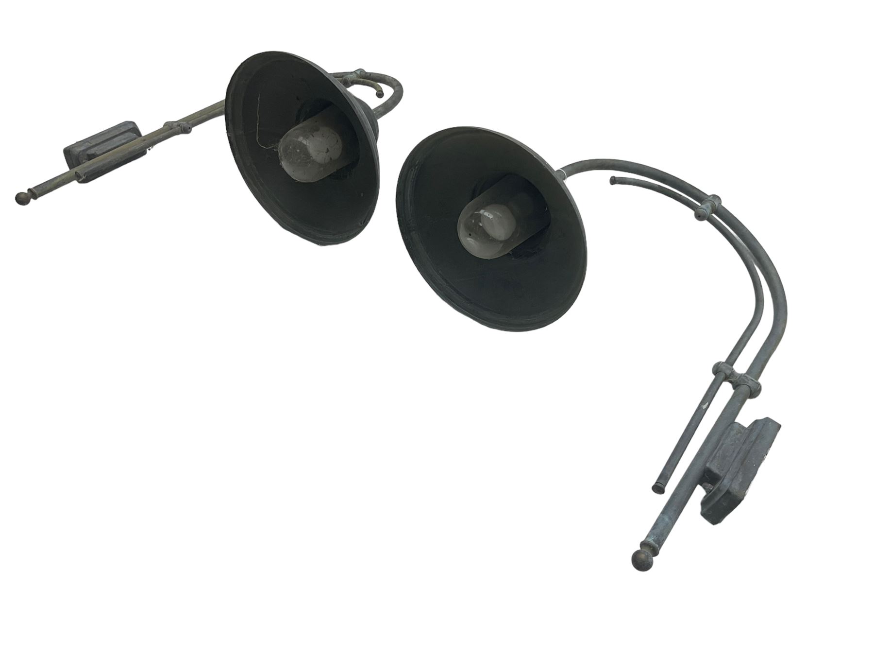 Two grey outdoor metal lamps, arched form with circular shades