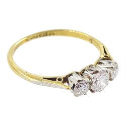 Early - mid 20th century three stone old cut and transitional cut diamond ring, stamped 18ct Plat, total diamond weight approx 0.45 carat