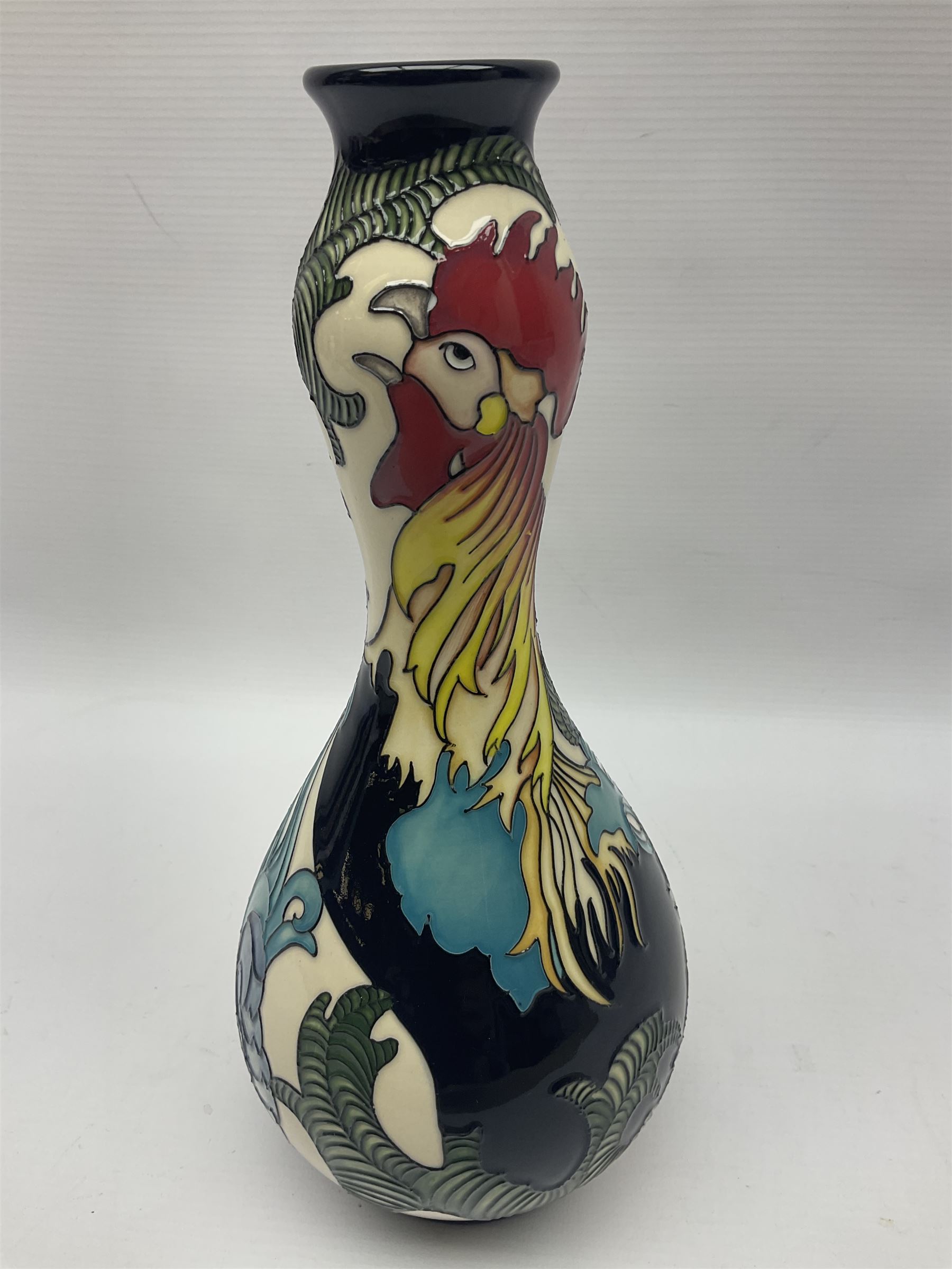 Moorcroft Cockerel vase, 2015, vase of gourd form, tubelined and painted with cockerels on a cream ground, impressed and painted marks beneath, H29cm