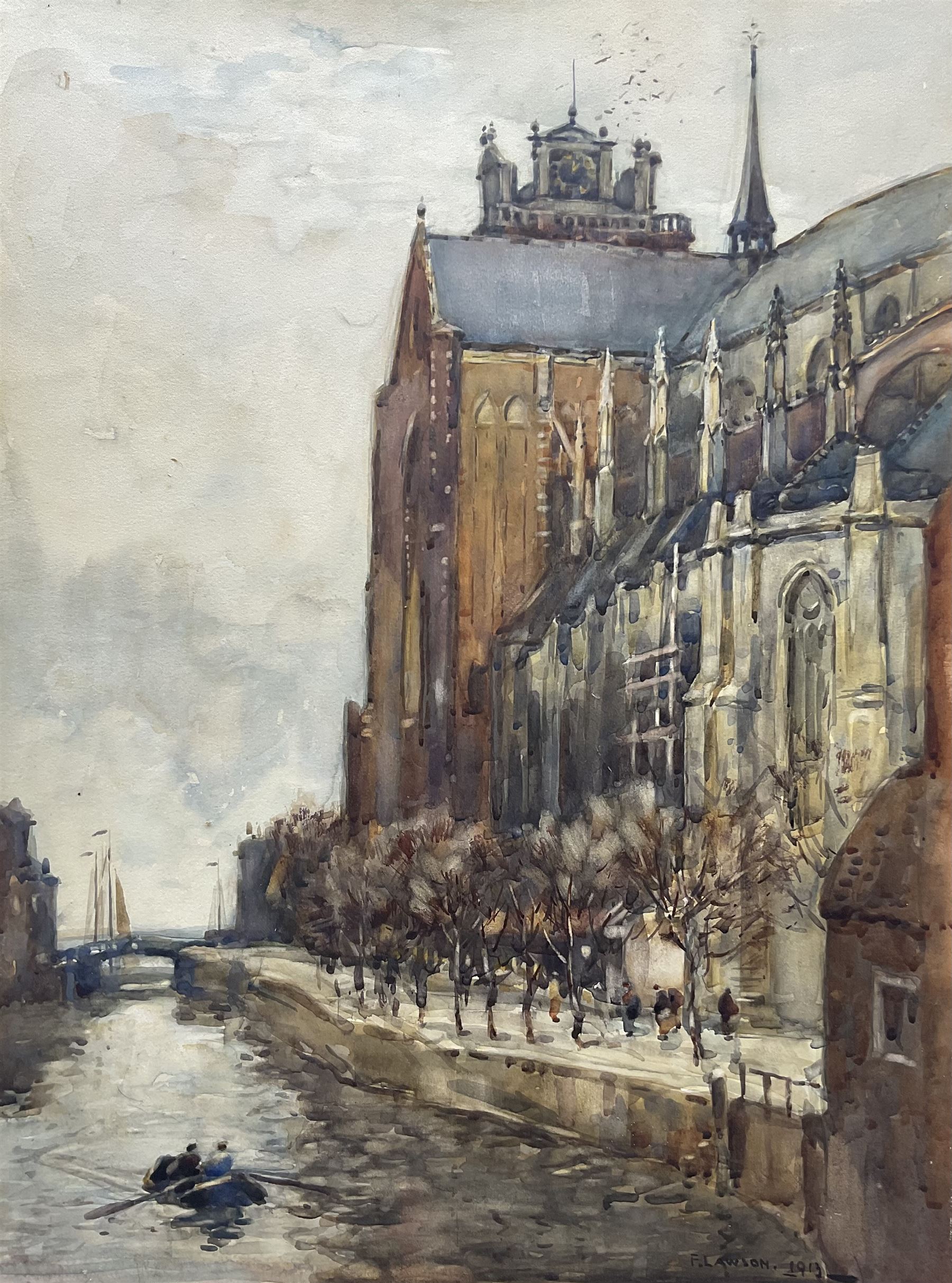 Frederick (Fred) Lawson (British 1888-1968): 'The Old Church at Dordrecht', watercolour signed and dated 1913, titled verso 55cm x 41cm (unframed)